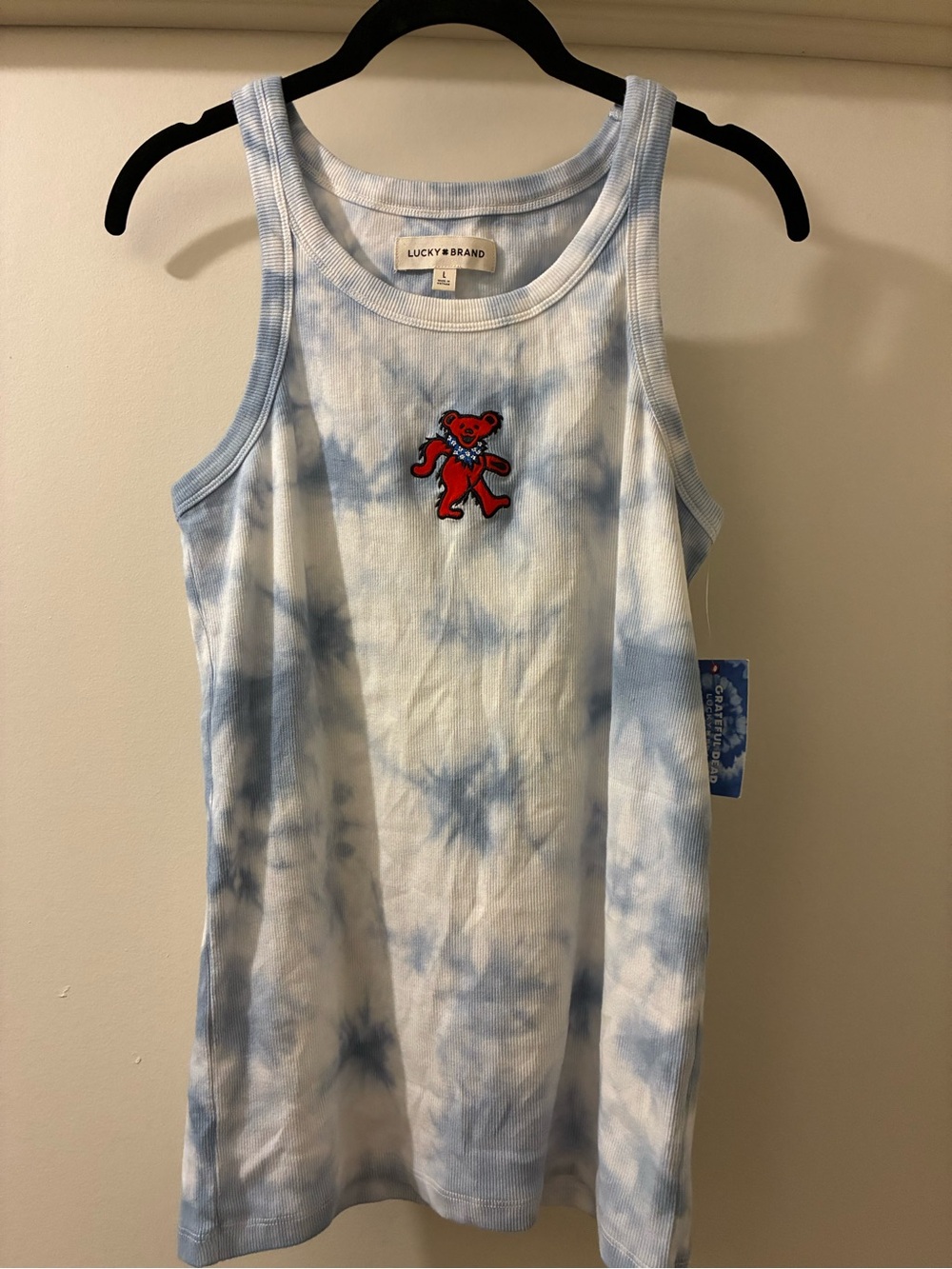 NWT Lucky Brand Women’s Blue & White Tie-Dye Tank Top with Dancing Bears Patch